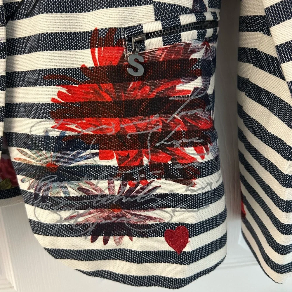 Desigual Striped Navy and Cream Linen Women's Blazer - Size L - BRAND NEW - Picture 3 of 10